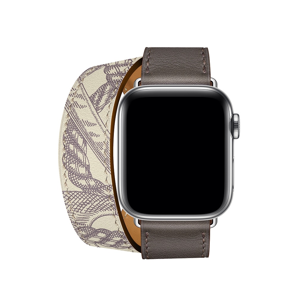 Grey & Printed Double Tour Band Apple iWatch Hermes In Leather |