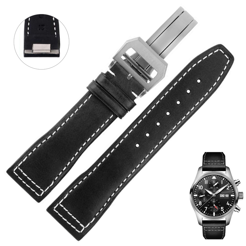 Black & White Quick-Release Strap Band For IWC Pilot, Portofino, Portugeiser in Genuine Calf Leather - 20, 21mm