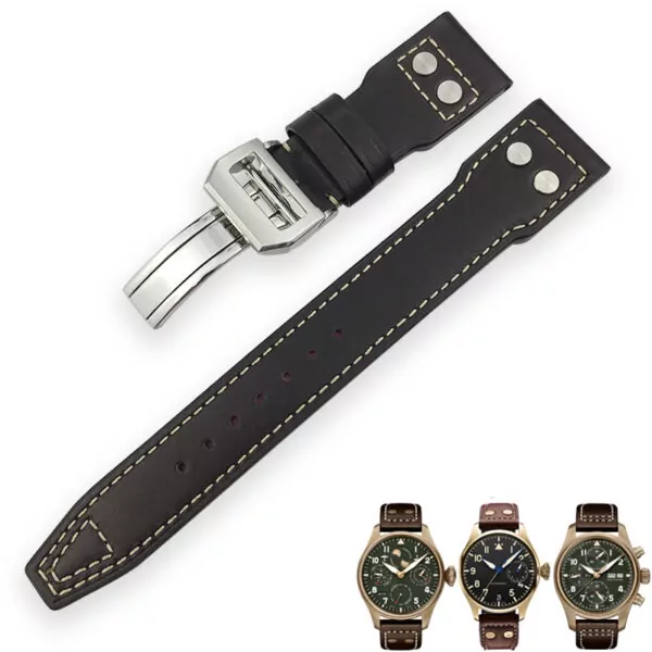 12_21mm-22mm-bracelet-de-montre-en-cuir-de-vachette-italien-boucle-pliante-bracelet-de-montre-en Black Rivet Strap Band IWC Portofino, Portugieser In Calf Leather White Stitching - 22mm