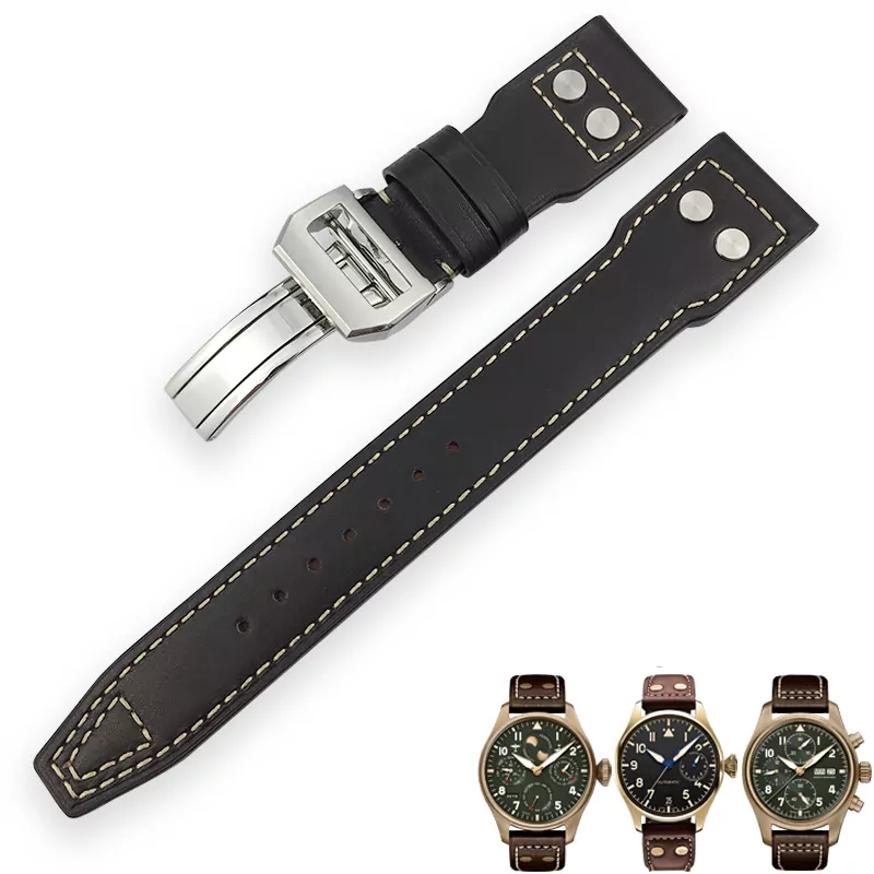 12_21mm-22mm-bracelet-de-montre-en-cuir-de-vachette-italien-boucle-pliante-bracelet-de-montre-en Black Rivet Strap Band IWC Portofino, Portugieser In Calf Leather White Stitching - 22mm