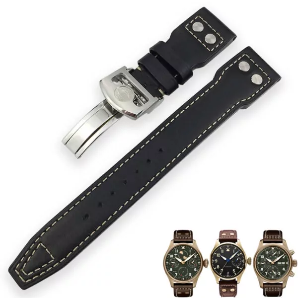 13_21mm-22mm-bracelet-de-montre-en-cuir-de-vachette-italien-boucle-pliante-bracelet-de-montre-en Black Rivet Strap Band IWC Portofino, Portugieser In Calf Leather White Stitching - 22mm