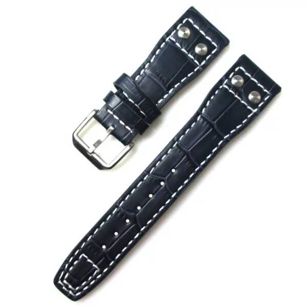 2_22mm-bleu-noir-bracelet-de-montre-pour-IWC-bracelet-de-montre-d-ploiement-boucle-Tang-d Blue Rivet Strap Band IWC Pilot Spitfire, Top Gun In Calf Leather with printed Crocodile/Alligator Grain with White Stitching 22mm