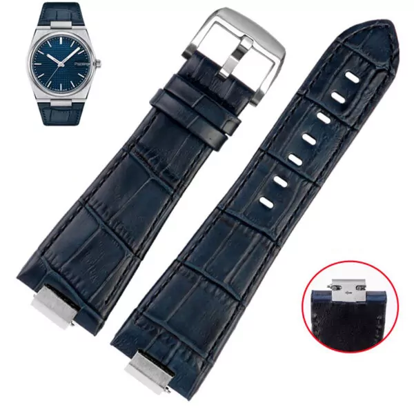 A dark blue silver_bracelet-de-montre-en-cuir-a-extremite-c_variants-0 Blue Strap Band for Tissot PRX Bracelet with Quick-Release in Alligator/Crocodile Grain with End Link 26x12mm