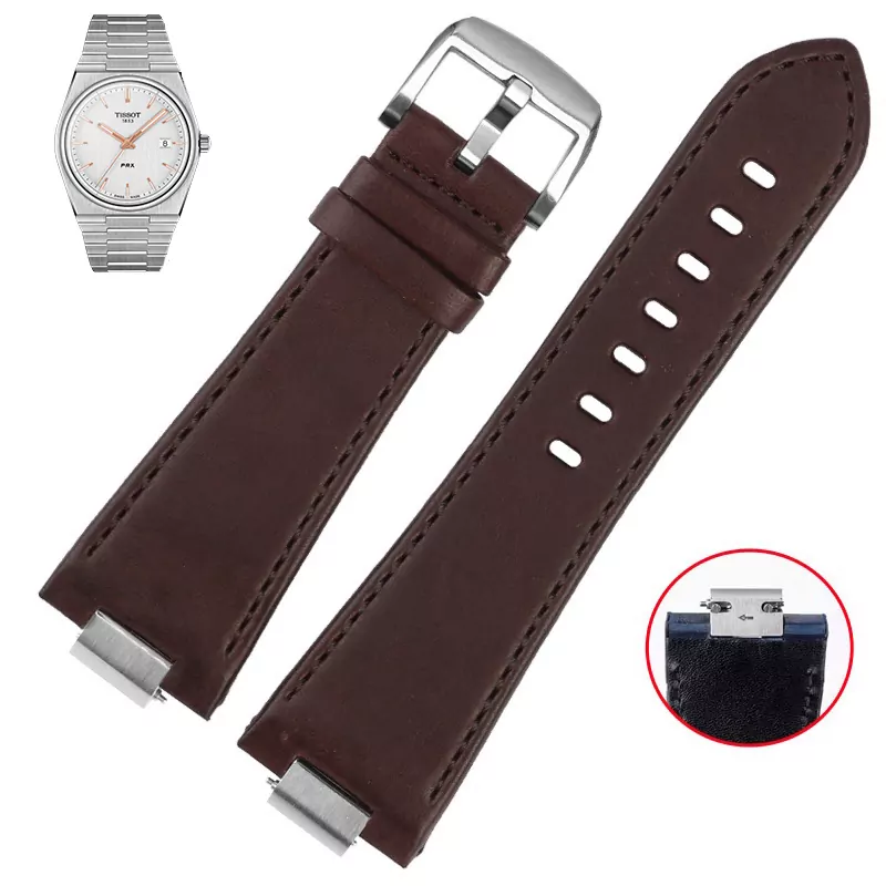 B brown silver_bracelet-de-montre-en-cuir-a-extremite-c_variants-5 Brown Strap Band for Tissot PRX Bracelet with Quick-Release in Calf Leather with End Link 26x12mm