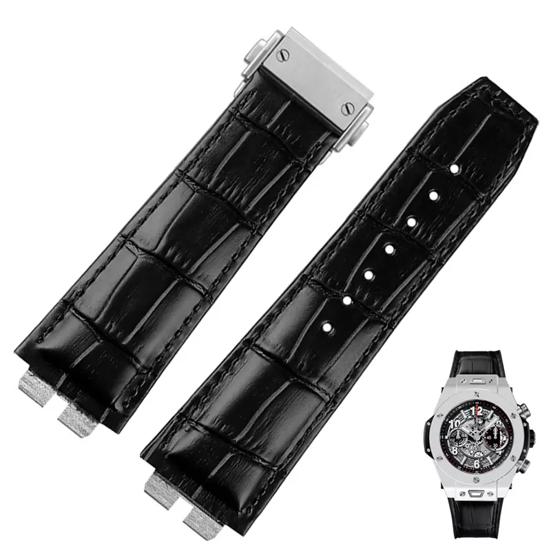 Black Silver Buckle_bracelet-de-montre-en-cuir-veritable-de_variants-0 main Black Strap Band Hublot Unico 411 In Calf Leather with printed Crocodile/Alligator Grain 27x17mm