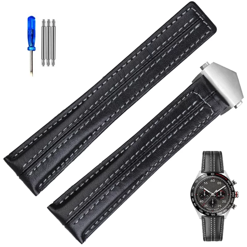 Black White-Silver-F_genuine-leather-watch-strap-for-tag-heue_variants-4 (1) Black & Grey Strap for TAG Heuer Aquaracer, Carrera, Monaco in Leather Double Stitching - 22mm