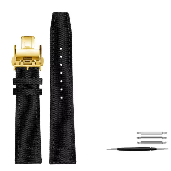 Black gold Folding_bracelet-en-cuir-pour-montre-longines-iw_variants-10 Black Strap Band for Longines Hydro Conquest, Heritage, Master In Nylon 20, 21, 22mm