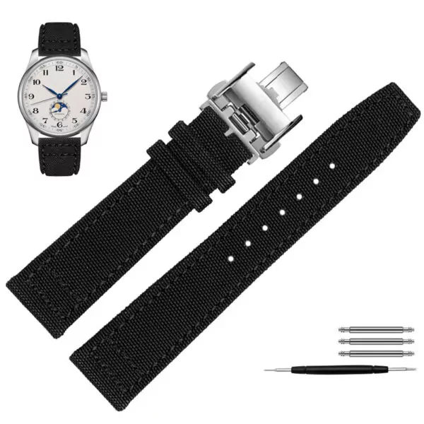 Black silver Folding_bracelet-en-cuir-pour-montre-longines-iw_variants-9 Black Strap Band for Longines Hydro Conquest, Heritage, Master In Nylon 20, 21, 22mm