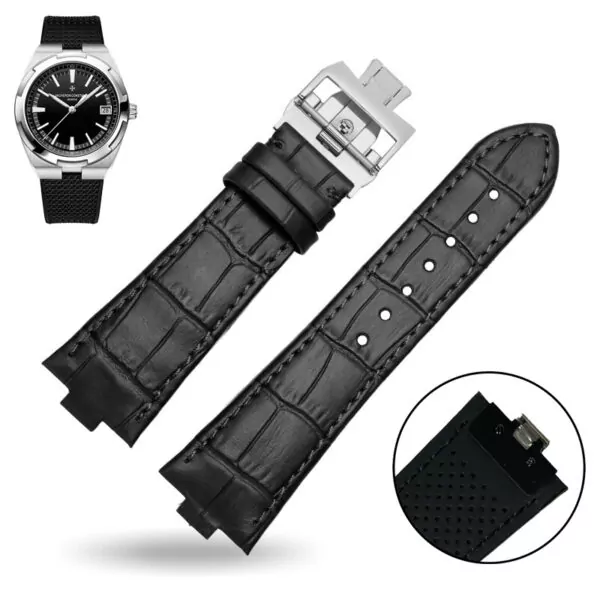 Black-silver_24-mm-7-mm-convex-mouth-belt-high-quality_variants-12 copy 2 Black Leather Strap for Vacheron Constantin Overseas Quick-Release Crocodile/Alligator Grain - 24x7mm