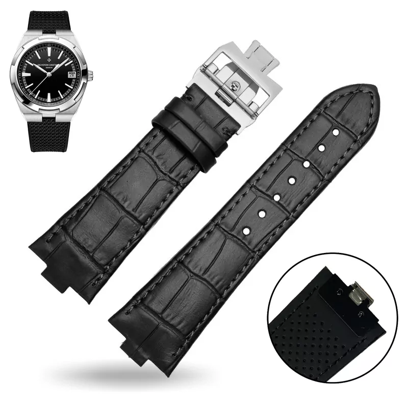 Black-silver_24-mm-7-mm-convex-mouth-belt-high-quality_variants-12 copy 2 Black Leather Strap for Vacheron Constantin Overseas Quick-Release Crocodile/Alligator Grain - 24x7mm
