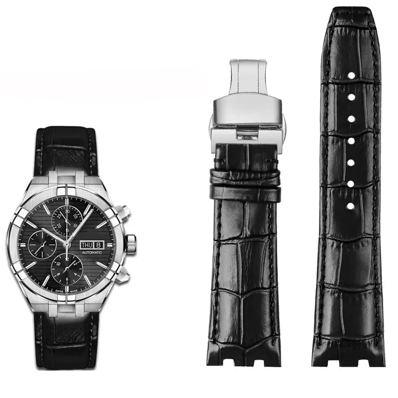 Black-silver_genuine-leather-for-maurice-lacroix-aiko_variants-5 Black Leather Strap For Maurice Lacroix Aikon in Crocodile/Alligator Grain in 24mm