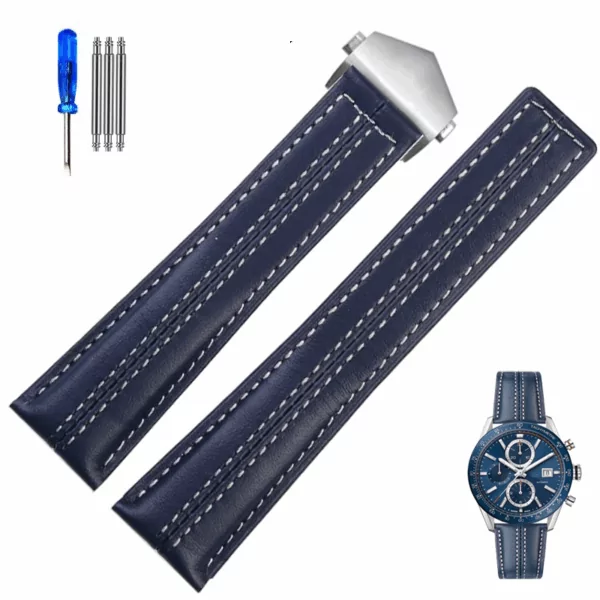 Blue White-Silver-F_genuine-leather-watch-strap-for-tag-heue_variants-2 Blue & White Strap for TAG Heuer Aquaracer, Carrera, Monaco in Leather Double Stitching - 22mm