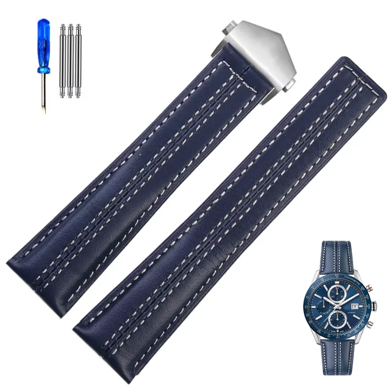 Blue White-Silver-F_genuine-leather-watch-strap-for-tag-heue_variants-2 Blue & White Strap for TAG Heuer Aquaracer, Carrera, Monaco in Leather Double Stitching - 22mm