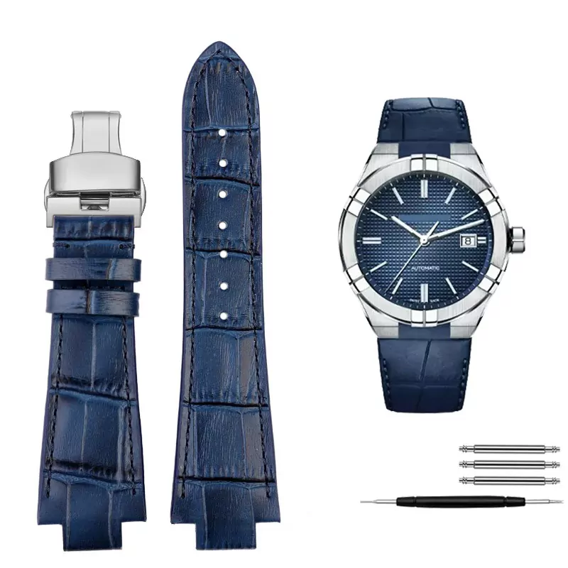 Blue s folding_convex-leather-watchband-for-maurice-lac_variants-11 Blue Leather Strap For Maurice Lacroix Aikon in Crocodile/Alligator Grain in 24mm
