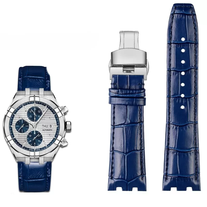 Blue-silver_genuine-leather-for-maurice-lacroix-aiko_variants-4 Blue Leather Strap For Maurice Lacroix Aikon in Crocodile/Alligator Grain in 24mm