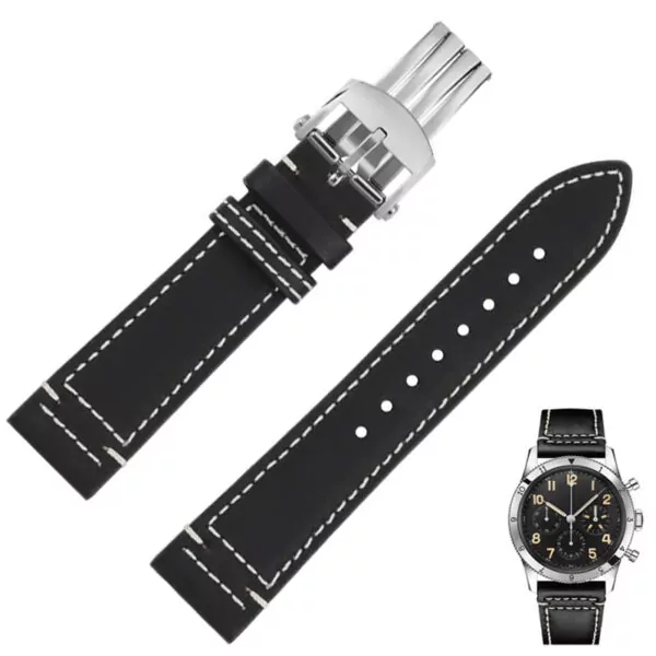 Calf Leather Strap Bracelet for Breitling Aviation_9 Black Strap for Breitling In Cowhide Leather - 2 sizes