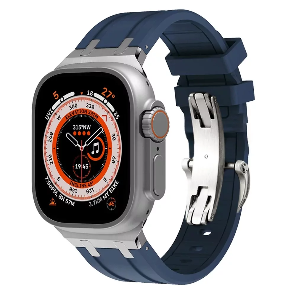 Blue and Silver Rubber Band for Apple iWatch Series with Royal Oak End Links