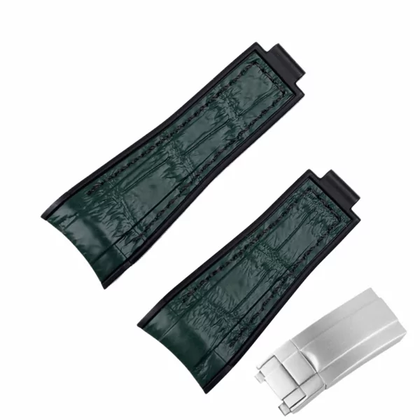 Green Black Rolex Strap Crocodile Rubber Back_3 Black & Green Curved Strap for Rolex Submariner, Daytona, GMT II in Leather & Rubber Back - 20mm