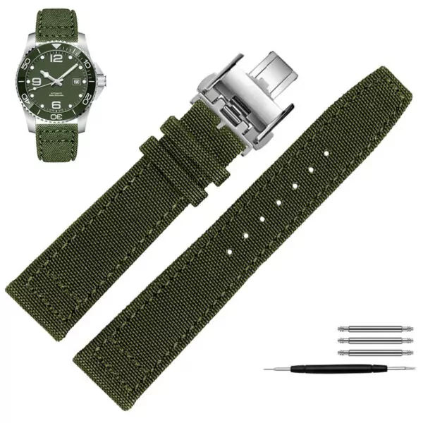 Green silver Folding_bracelet-en-cuir-pour-montre-longines-iw_variants-15 Green Strap Band for Longines Hydro Conquest, Heritage, Master In Nylon 20, 21, 22mm