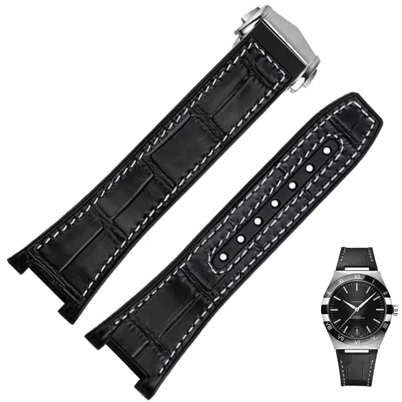 Leather-Rubber-strap-for-new-Omega-Constellation-Men-13 Black & White Strap Bracelet for Omega Constellation In Crocodile/Alligator Grain Leather & Rubber Back