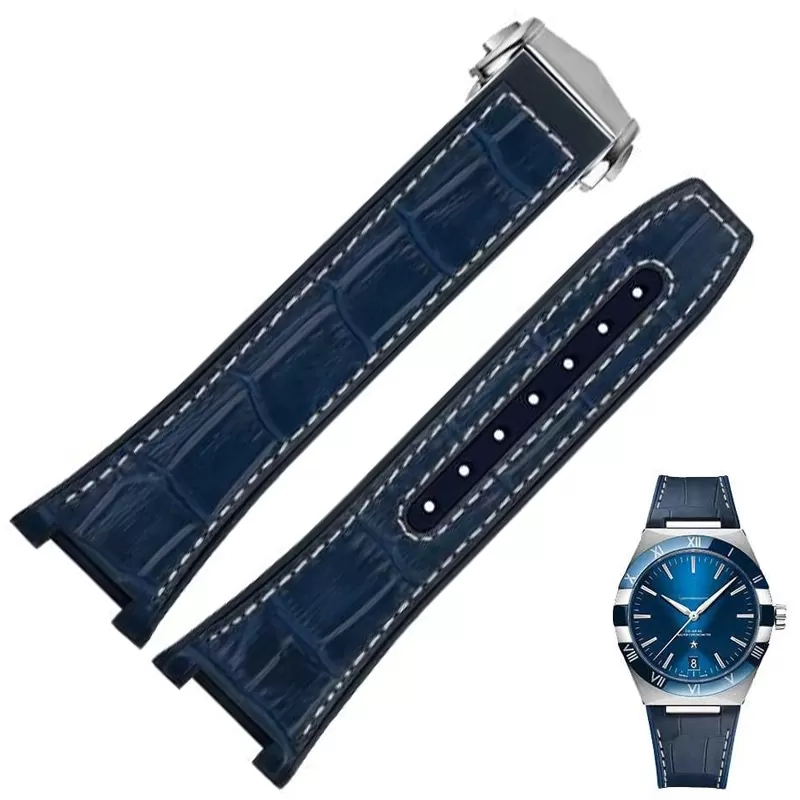 Leather-Rubber-strap-for-new-Omega-Constellation-Men-21 Blue & White Strap Bracelet for Omega Constellation In Crocodile/Alligator Grain Leather & Rubber Back