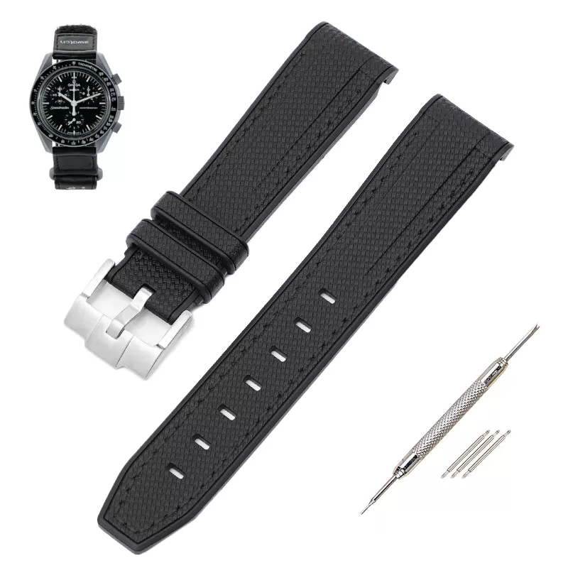Nylon-Strap-Bracelet-for-Omega-Swatch-20mm-14 Full Black Curved Rubber Strap Band for Omega Seamaster x Swatch Moonswatch Mission to the Moon - 20mm