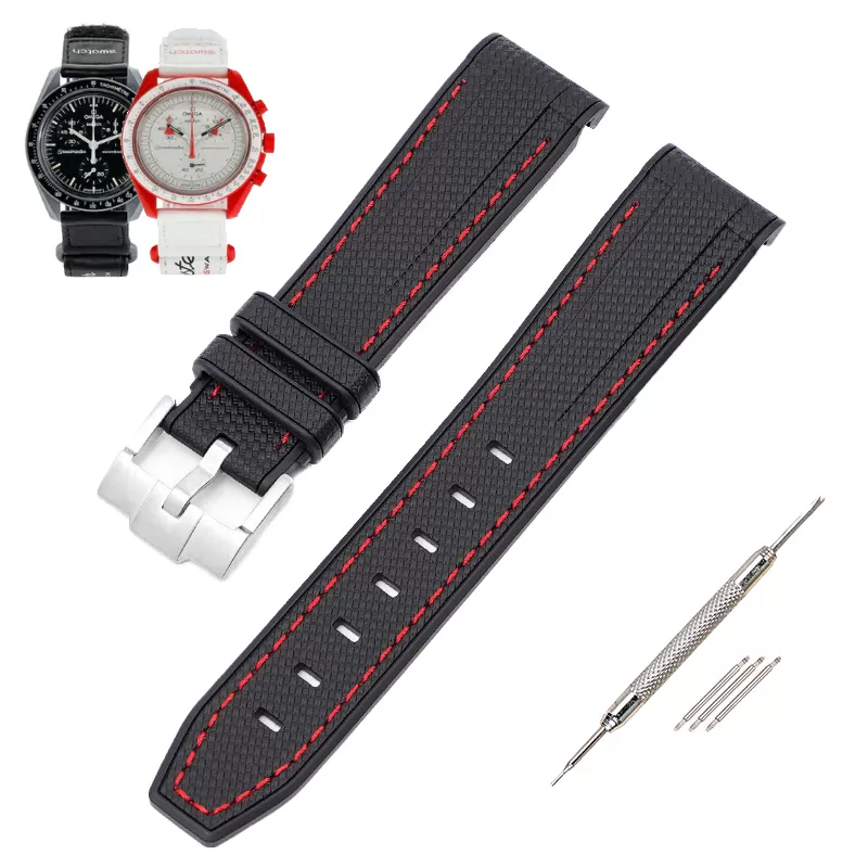 Nylon-Strap-Bracelet-for-Omega-Swatch-20mm-18 Black & Red Curved Rubber Strap Band for Omega Seamaster x Swatch Moonswatch Mission to Mars- 20mm