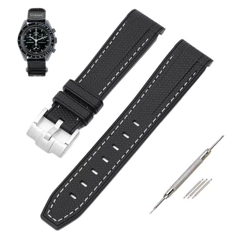 Nylon-Strap-Bracelet-for-Omega-Swatch-20mm-19 Black & White Curved Rubber Strap Band for Omega Seamaster x Swatch Moonswatch Mission to the Moon - 20mm