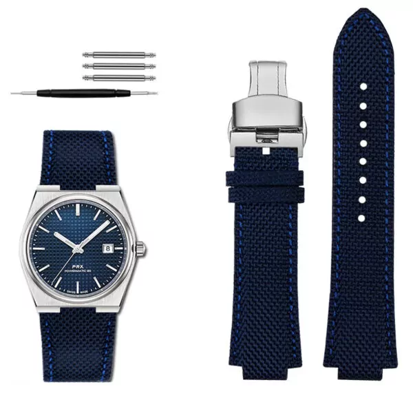 Nylon blue SK_tissot-bracelet-de-poignet-en-silicone_variants-10 Blue Nylon Convex Strap Bracelet for Tissot PRX Series - 26x12mm