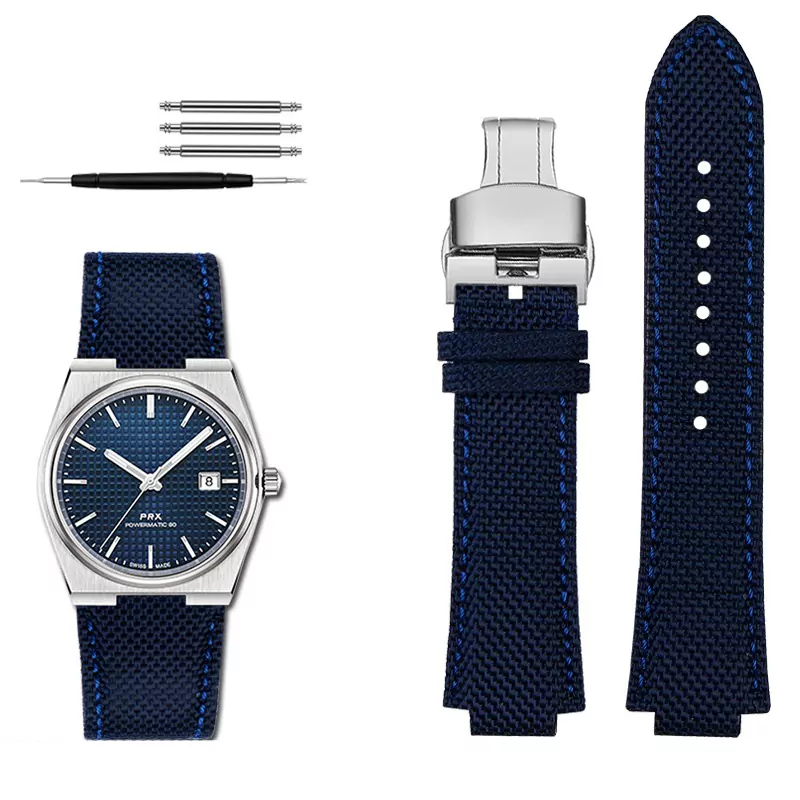 Nylon blue SK_tissot-bracelet-de-poignet-en-silicone_variants-10 Blue Nylon Convex Strap Bracelet for Tissot PRX Series - 26x12mm