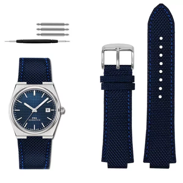 Nylon blue silver_tissot-bracelet-de-poignet-en-silicone_variants-6 (1) Blue Nylon Convex Strap Bracelet for Tissot PRX Series - 26x12mm