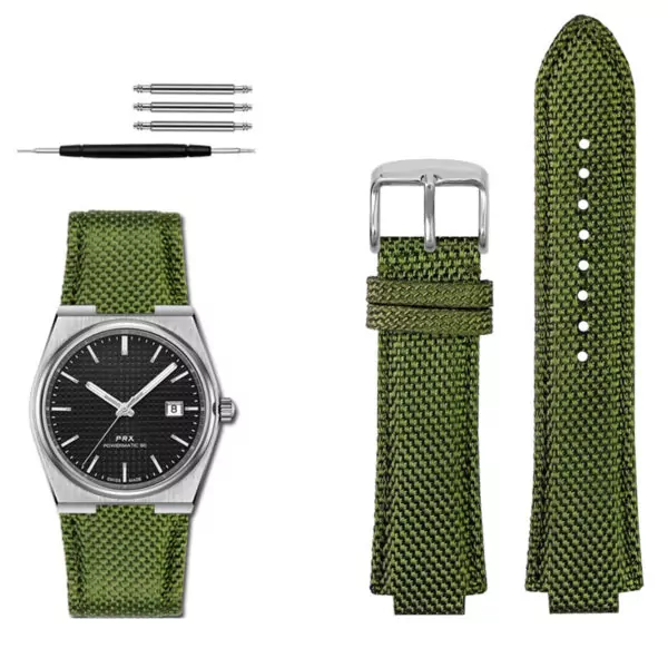 Nylon green silver_tissot-bracelet-de-poignet-en-silicone_variants-9 Green Nylon Convex Strap Bracelet for Tissot PRX Series - 26x12mm