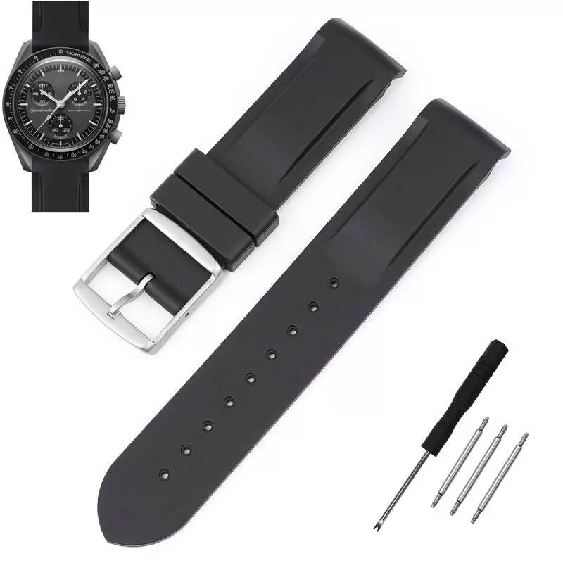 Rubber-Strap-Bracelet-for-Omega-Swatch-20mm-2 Black Curved Rubber Strap Band for Omega x Swatch Moonswatch Mission to the Moon - 20mm
