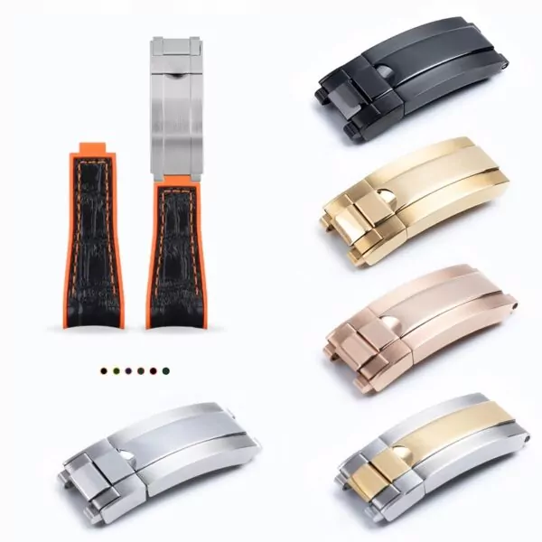 Scb95ae071b4048069707162384584abcj Black & Orange Curved Strap for Rolex Submariner, Daytona, GMT II in Leather & Rubber Back - 20mm