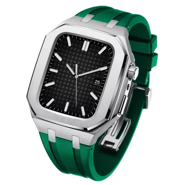 Silver Green_kit-de-modification-compatible-avec-appl_variants-4 Silver and Green Royal Oak Rubber Band for Apple Watch Series