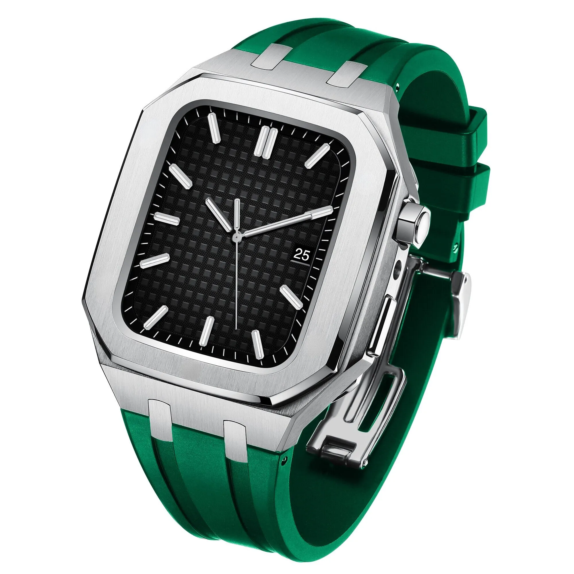Silver Green_kit-de-modification-compatible-avec-appl_variants-4 Silver and Green Royal Oak Rubber Band for Apple Watch Series