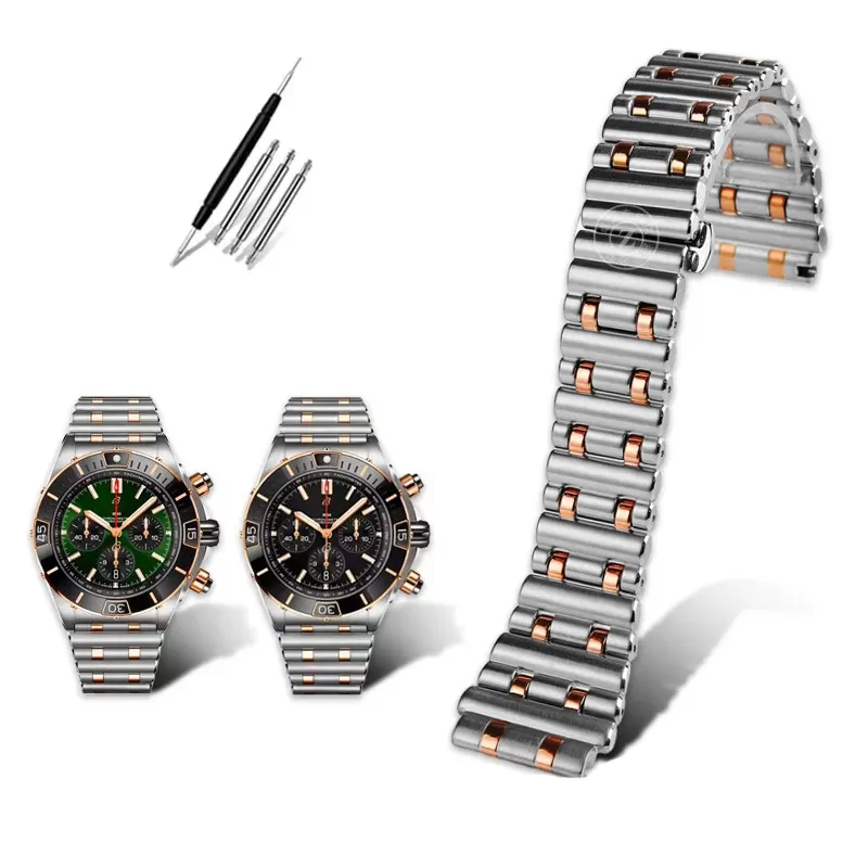 Two-tone Strap Bracelet Rouleaux for Breitling_2 Two-Tone Rouleaux Solid Precision Bracelet for Breitling Chronomat B01 in Stainless Steel - 22, 24mm