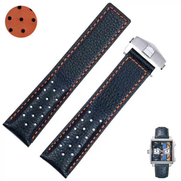 accessoires-de-montre-pour-etiquette-pou_main-0(1) Navy Blue & Orange Racing Strap for TAG Heuer Monaco Gulf, Aquaracer In Perforated Leather - 22mm