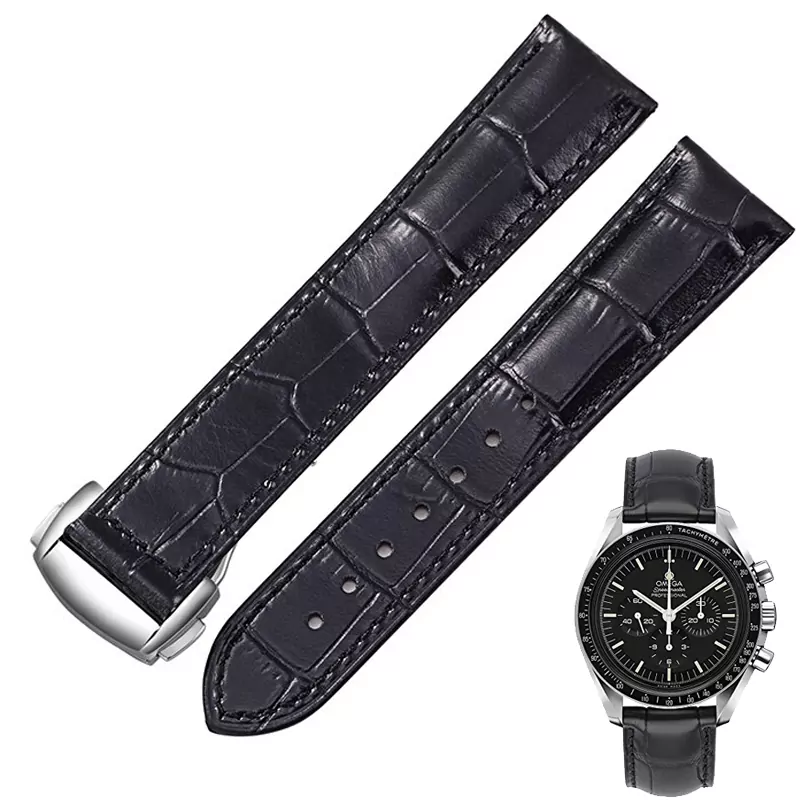 Leather Crocodile Speedmaster Seamaster strap bracelet-1 Black Alligator Grain Leather Bracelet for Omega Speedmaster, Seamaster