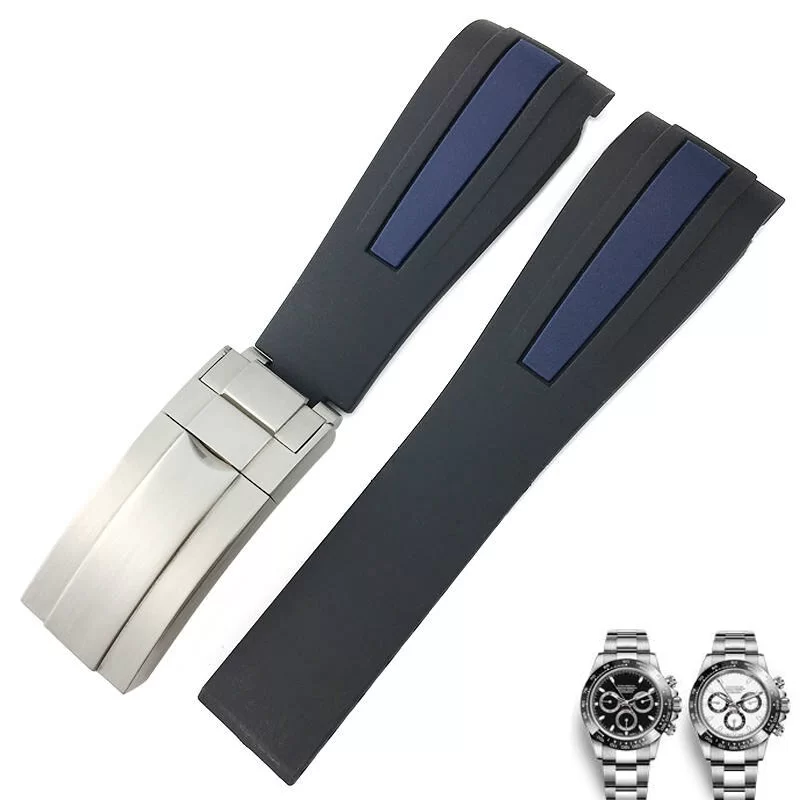 15_Bracelet-de-montre-en-Silicone-Interface-incurv-e-19-20-21-22mm-bracelet-de-montre-de Black & Blue Barre Rubber Strap for Rolex Submariner, Daytona - 20mm