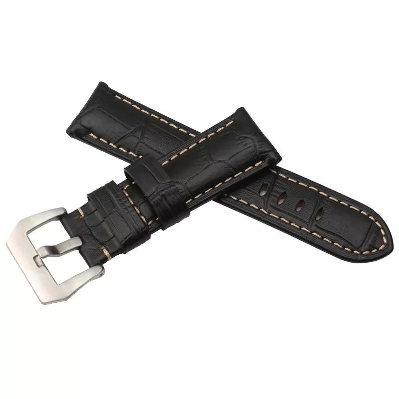 Black-Leather-Crocodile-grain-White-stitches-Strap-Bracelet-for-Panerai-26mm-153338443441 Black Leather Crocodile Grain With White Stitches Strap for Panerai Luminor, Marina...