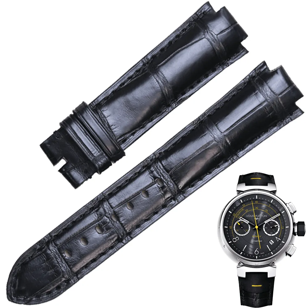 LVSAXH-11 Black Leather Strap for Louis Vuitton Tambour in Genuine Crocodile