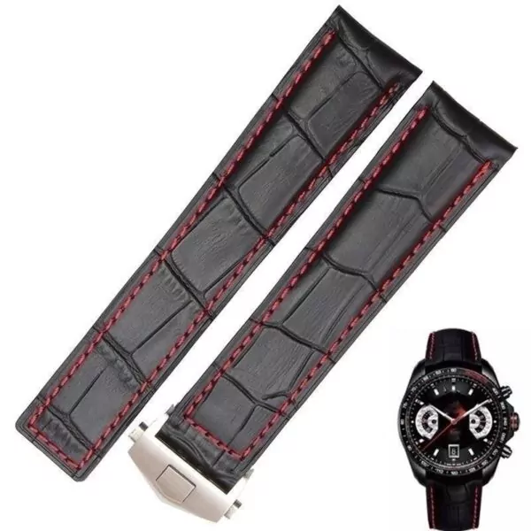 Croco-pattern-Red-Black-bracelet-FOR-TAG-Heuer-leather-band-20MM-monaco-carrera-153338447675 Black Leather Strap in Crocodile Grain with Red Stitches for TAG Heuer, Carrera, Monaco...