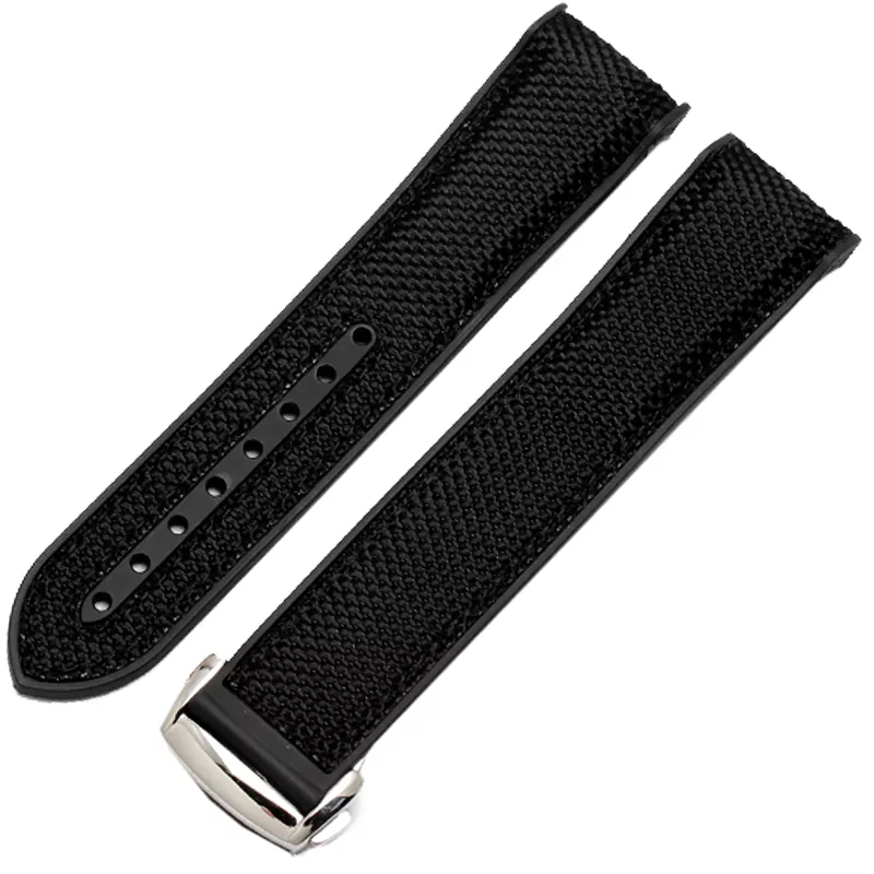 Nouveau-Haute-qu Black Nylon & Rubber back Strap Bracelet for Omega Seamaster - Steel