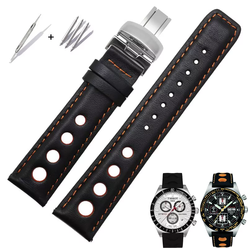 Racing Strap Bracelet for Tissot PRS516 Black & Orange Racing Strap for Tissot PRS516, T91, T021, T044 20mm Perforated Leather