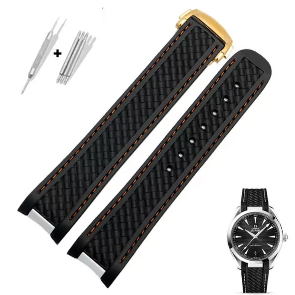 Nouveau-Design-20mm-fit-s-eamaster-300-AQUA-Bracelet-TERRA-AT150-8900-montre-avec-logo-bracelets-7 Black & Orange Strap Bracelet for Omega Seamaster Aqua Terra 20mm Orange Stitching Rubber