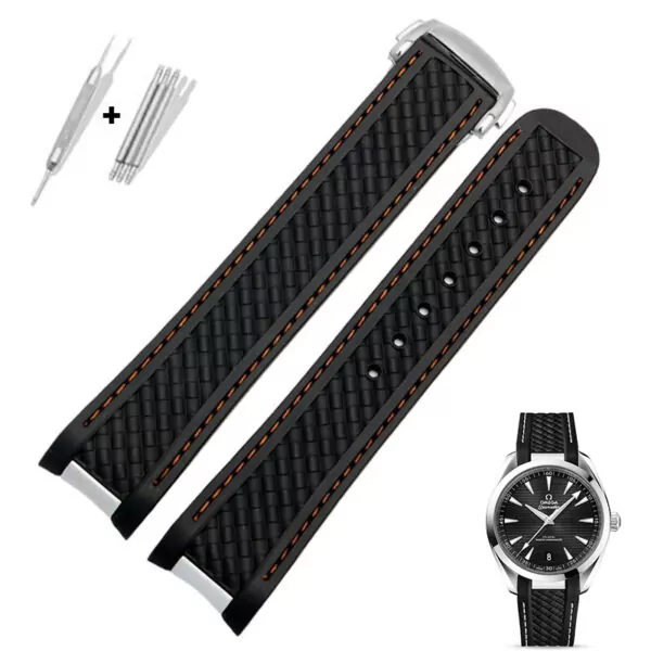 1 Black & Orange Strap Bracelet for Omega Seamaster Aqua Terra 20mm Orange Stitching Rubber