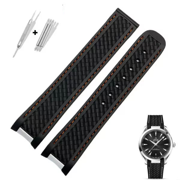 Nouveau-Design-20mm-fit-s-eamaster-300-AQUA-Bracelet-TERRA-AT150-8900-montre-avec-logo-bracelets-17 Black & Orange Strap Bracelet for Omega Seamaster Aqua Terra 20mm Orange Stitching Rubber