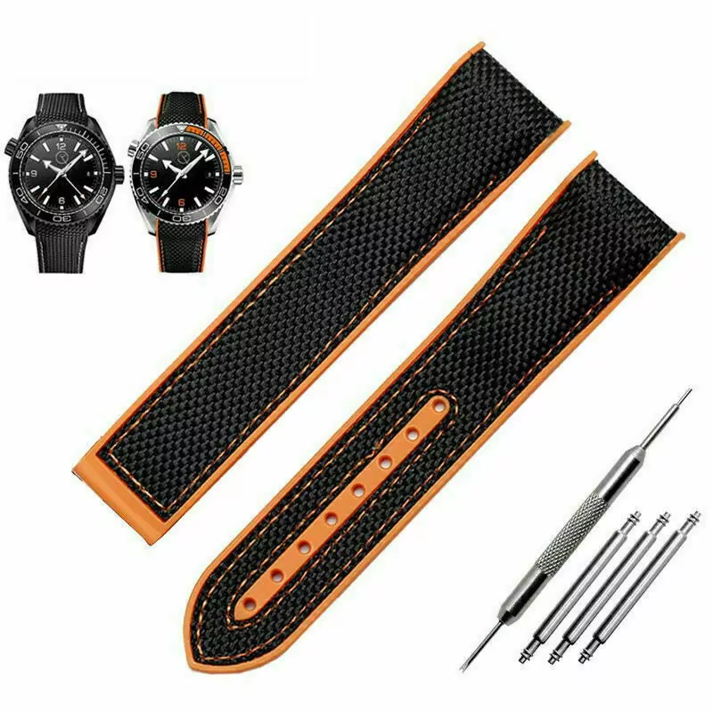 s-l1600 (5) Black & Orange Strap Bracelet for Omega Seamaster in Nylon/Rubber Back