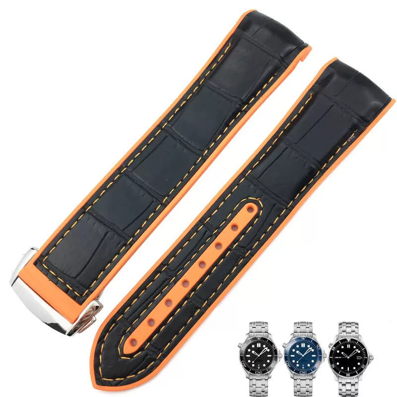 19mm-20mm-21mm-22mm-strap-rubber-crocodile-omega-speedmaster-seamaster-aftermarket-bracelet-4 Black & Orange Strap Bracelet for Omega Seamaster In Crocodile/Alligator & Rubber - 19,20,21,22mm - 19mm, Silver